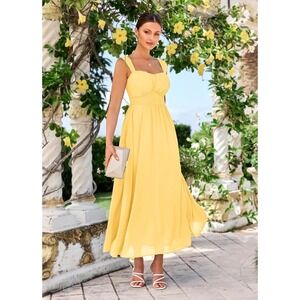 Grace Karin M Yellow Chiffon Smocked Waist Maxi Dress‎ Sweetheart Neck Side Slit